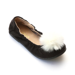 L'Amour Girls Black Faux Fur Pom Pom Flats - Babychelle.com