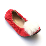 L'Amour Girls Red Faux Fur Pom Pom Flats - Babychelle.com