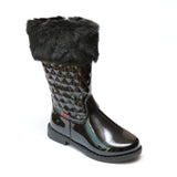 L'Amour Girls Patent Black Faux Fur Cuff Boots - Babychelle.com