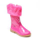 L'Amour Girls Patent Fuchsia Faux Fur Cuff Boots - Babychelle.com