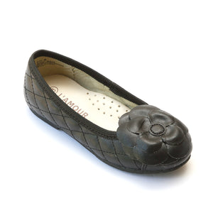 L'Amour Girls Black Quilted Camellia Flats - Babychelle.com