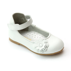 L'Amour Girls Special Occasion White Camellia Flats - Babychelle.com
