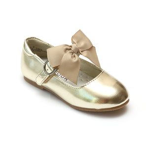 L'Amour Girls Patent Cream Grosgrain Bow Flat - Babychelle.com