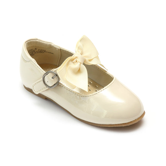 L'Amour Girls Patent Cream Grosgrain Bow Flat - Babychelle.com