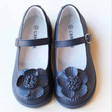 L'Amour Girls Navy Double Layer Petal Flower Mary Janes