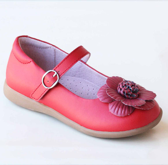 L'Amour Girls Red Double Layer Petal Flower Mary Janes