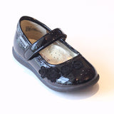 L'Amour Patent Black Mary Jane with Suede Flowers