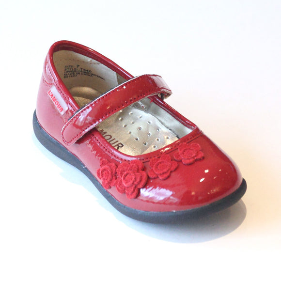 L'Amour Patent Red Mary Jane with Suede Flowers