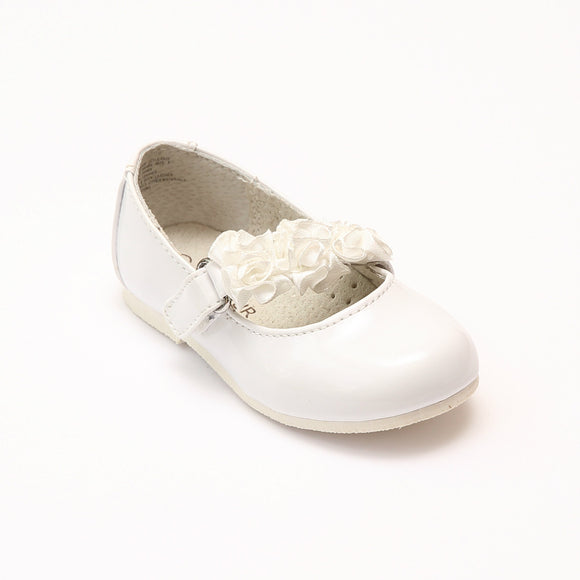 L'Amour Girls Y535 Patent White Rosette Flats - Babychelle.com