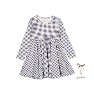 The Printed Long Sleeve Dress - Steel Gingham